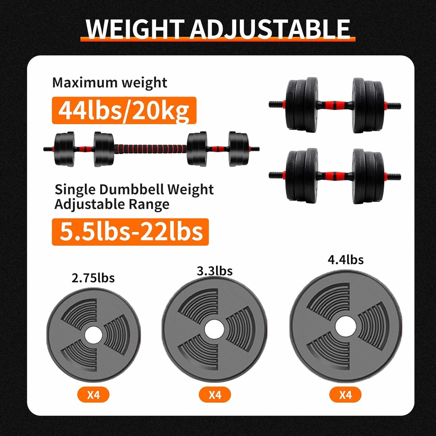 5 To 44 Pounds Adjustable Dumbbell Barbell Set
