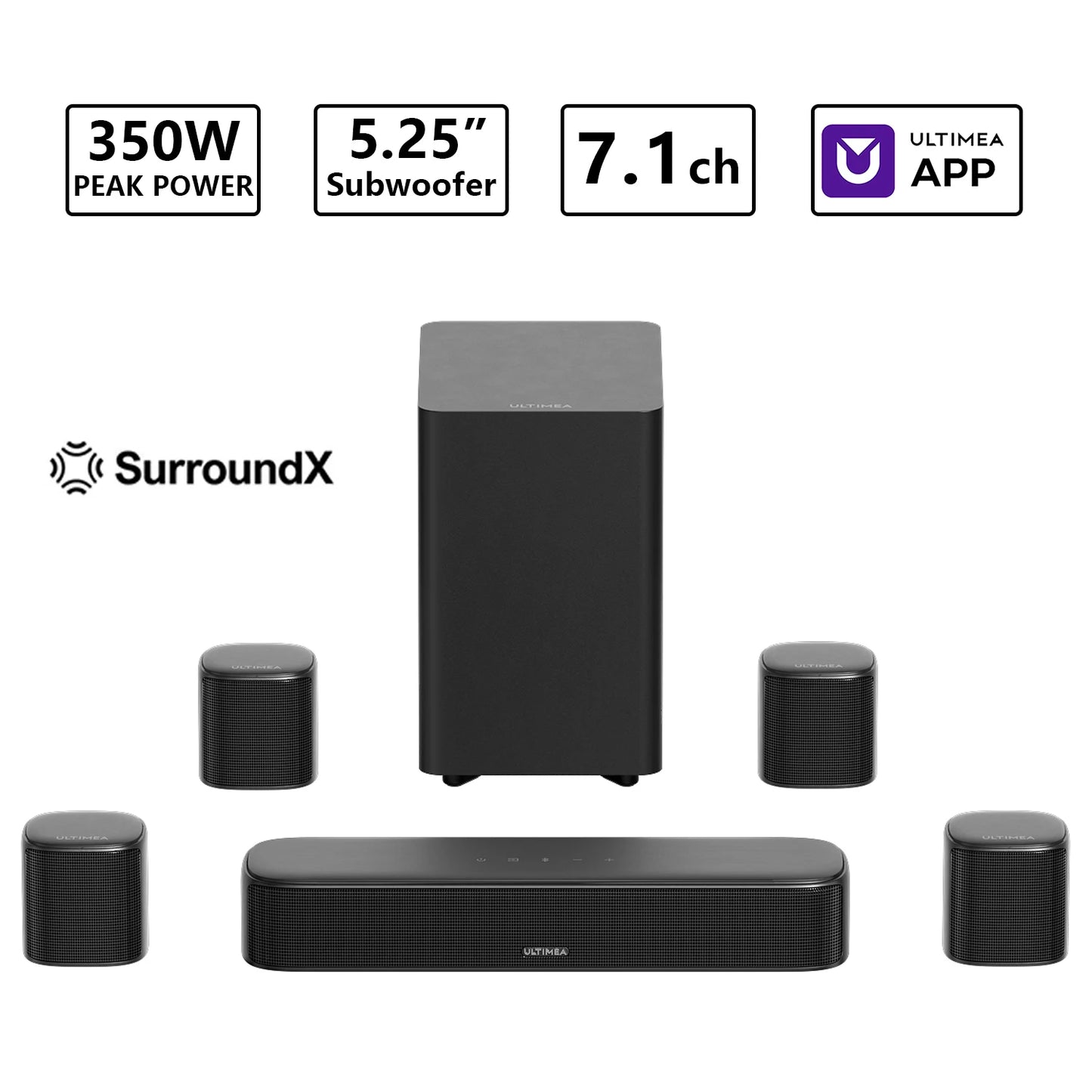 Ultimea 350W 7.1 Channel Surround Soundbar With Subwoofer And Smart App