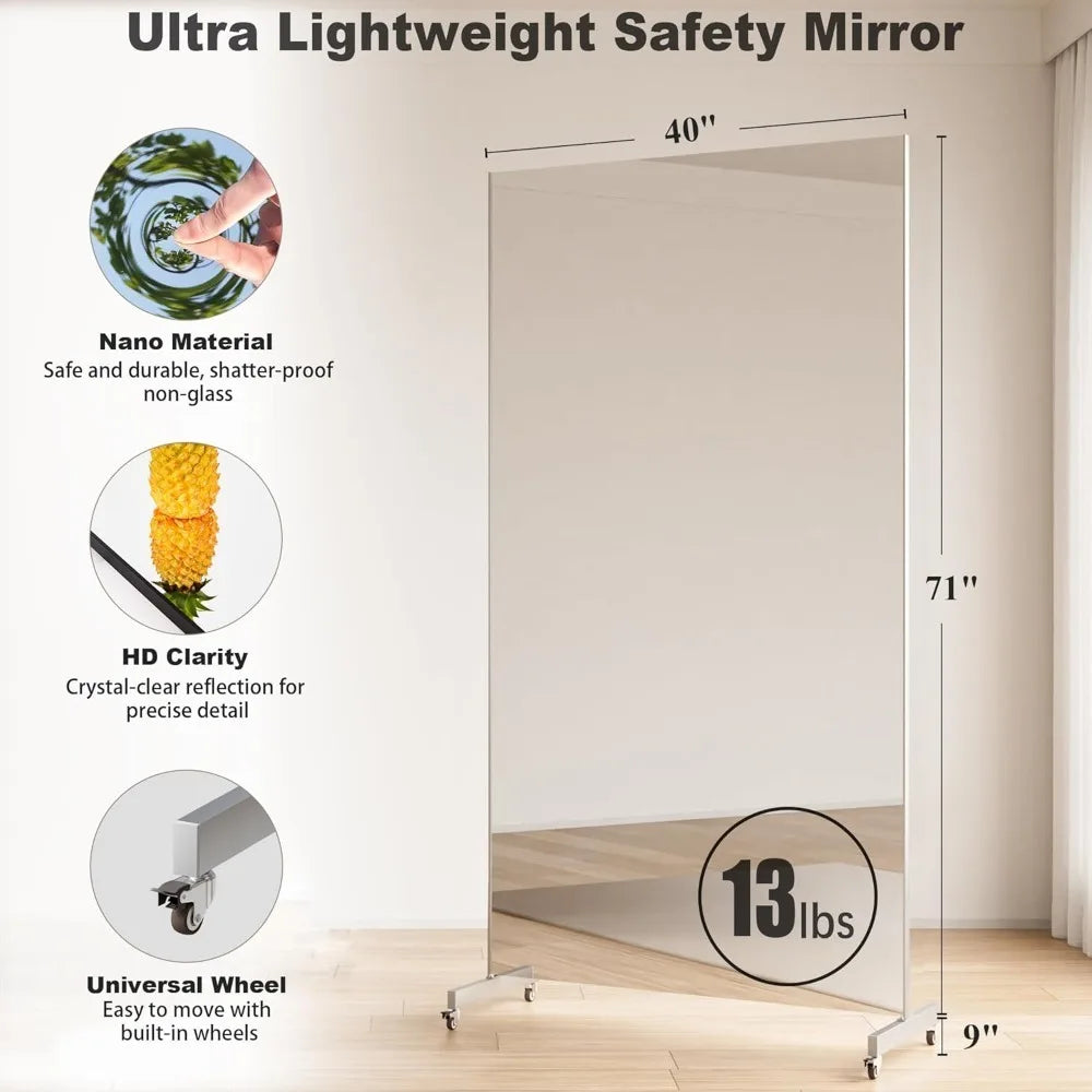 Home Gym Mirror 71 Inch x 40 Inch Rolling Safety Mirror