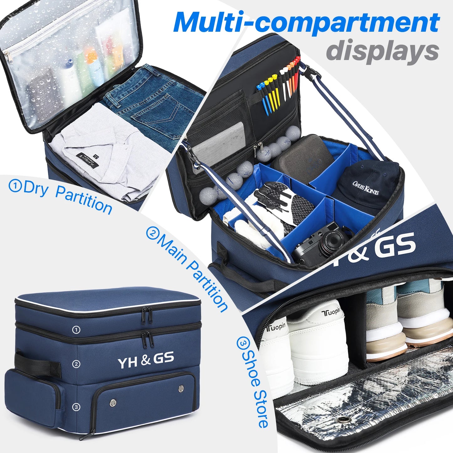 Golf Trunk Organizer With Collapsible Shoe Bags And Ventilated Compartment