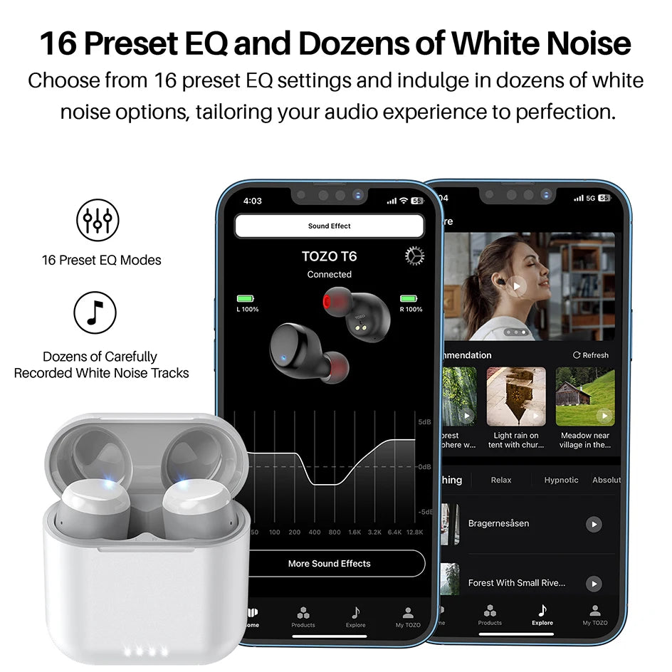 TOZO Refurbished Ergonomic TWS Earbuds Bluetooth 5.3 Waterproof EQ Presets