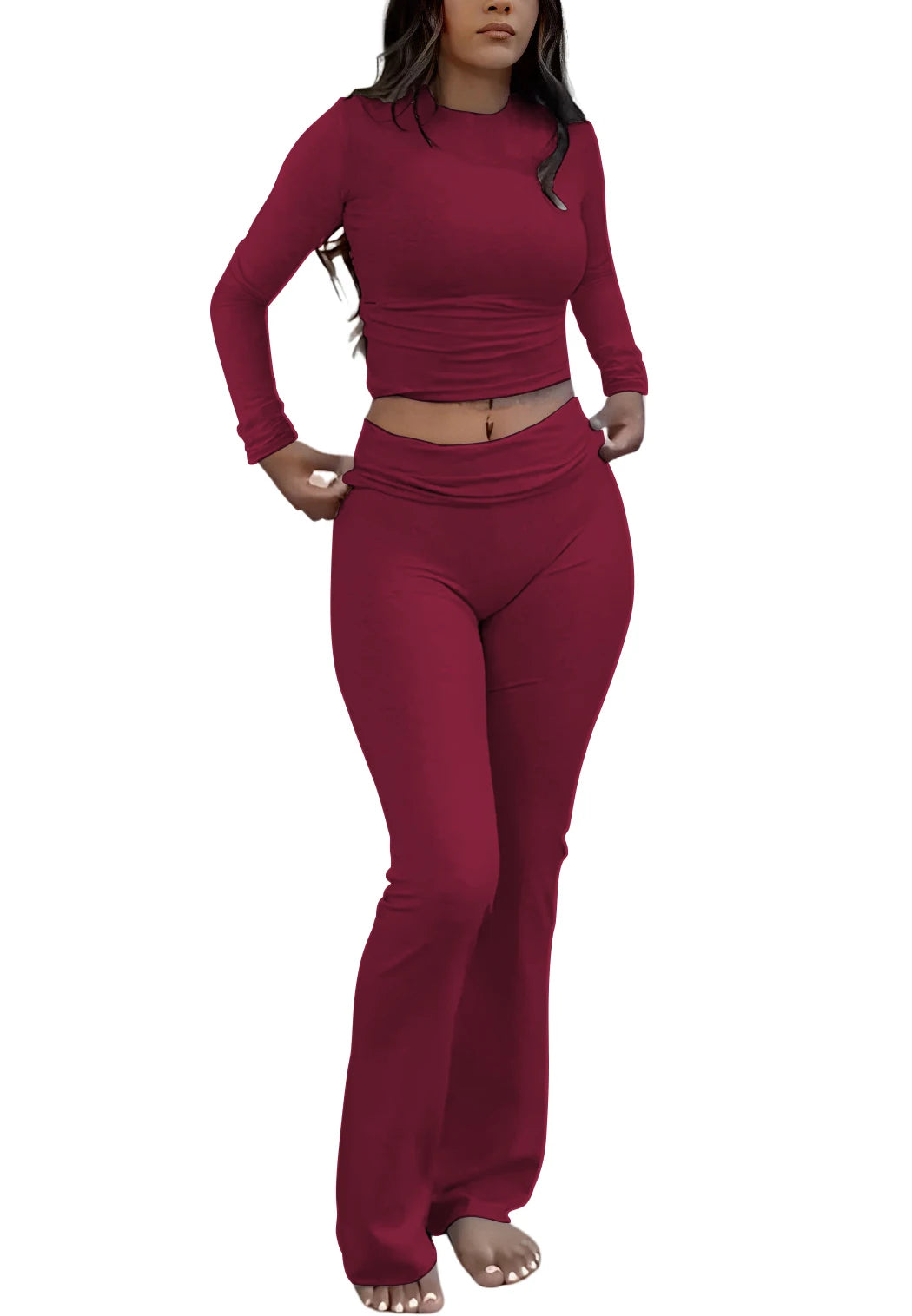 Womens Yoga Two Piece Set Long Sleeve Wide Leg Activewear For Home And Studio
