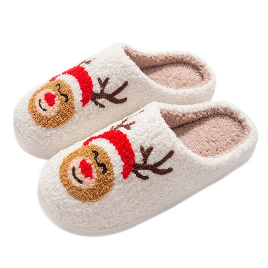 Christmas Elk Plush Slippers Soft Warm Slip On House Shoes For Indoor Bedroom