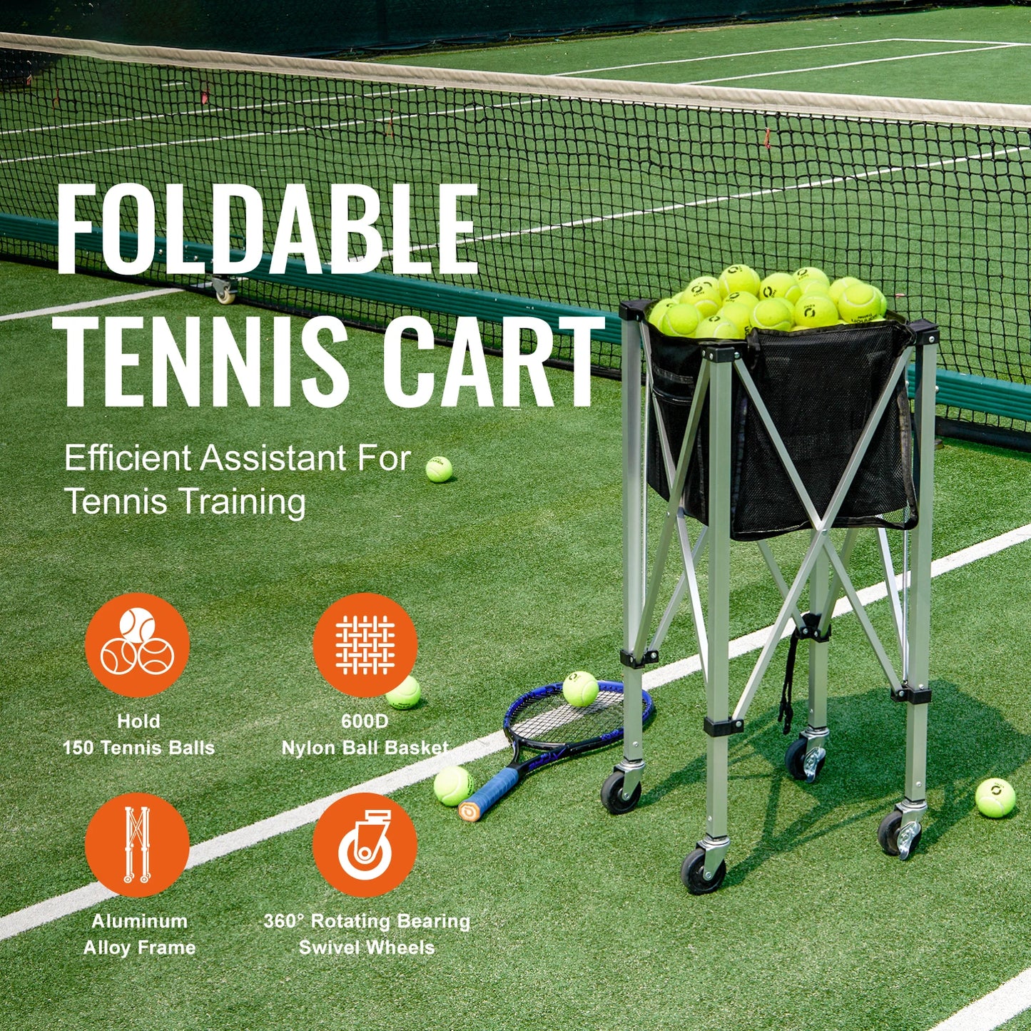 SucceBuy Foldable Tennis Ball Cart Holds 150 180 Balls Basket Hopper On Wheels