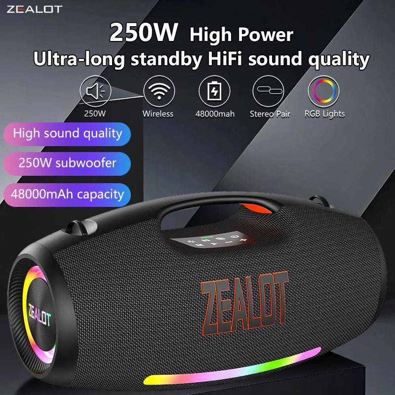 Zealot S89 250W Portable Bluetooth Speaker Waterproof 48000mAh USB TF AUX RGB
