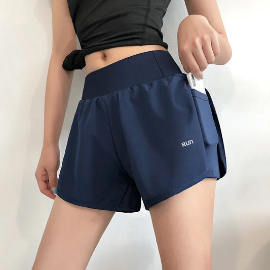 Women 2 In 1 Running Shorts With Elastic Waist Pocket