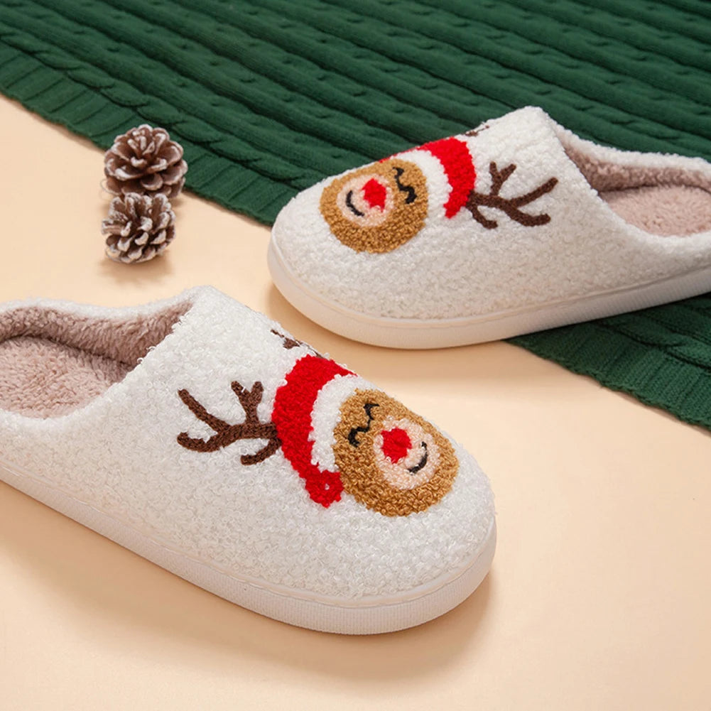 Christmas Elk Plush Slippers Soft Warm Slip On House Shoes For Indoor Bedroom
