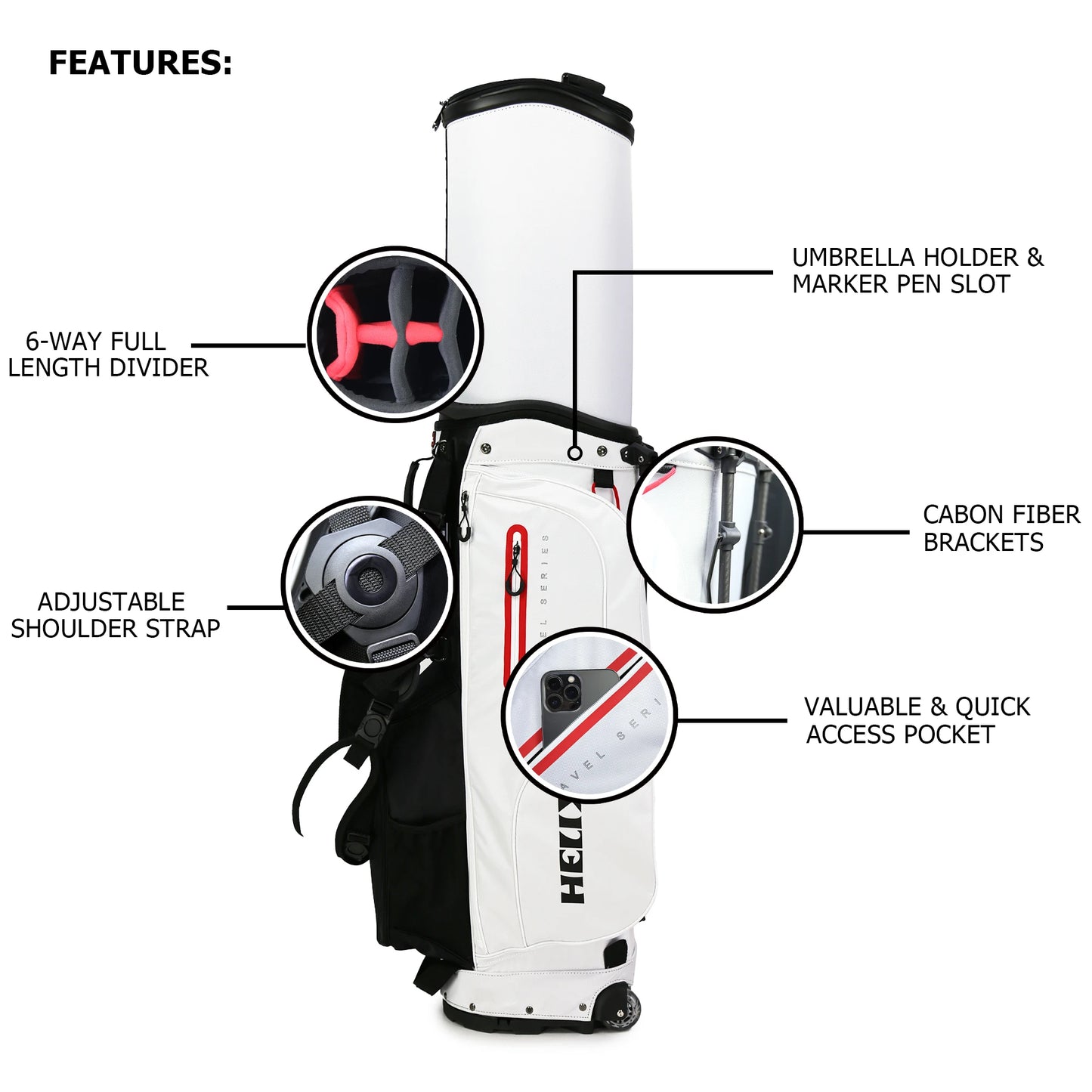 Helix Golf Stand Bag With Retractable Top Cover And Wheels 6 Way Divider
