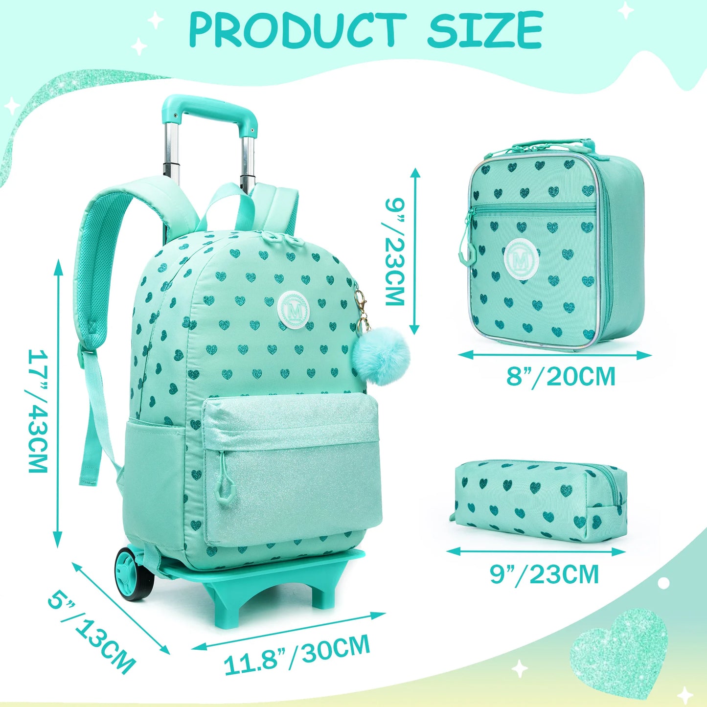3PCS Cute Love Rolling Backpack