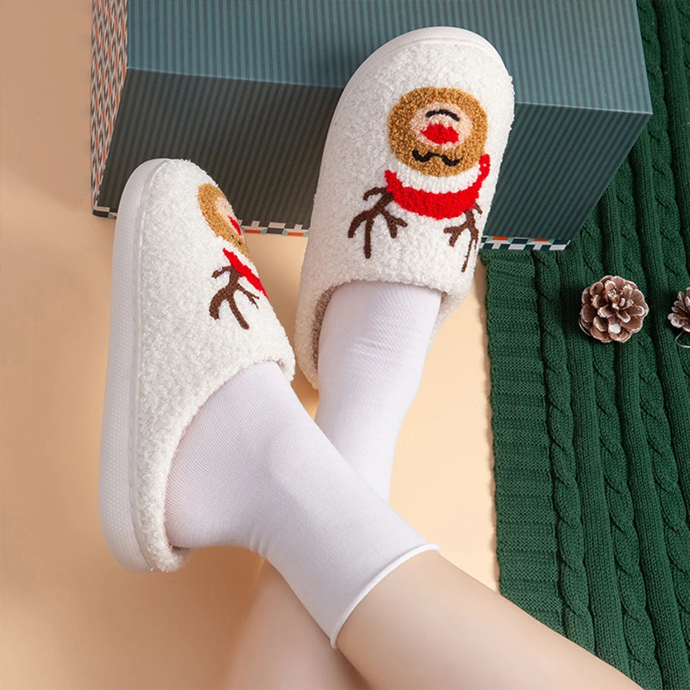 Christmas Elk Plush Slippers Soft Warm Slip On House Shoes For Indoor Bedroom