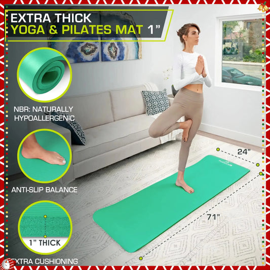 1 Inch Extra Thick Green Yoga Mat Non Slip High Density Cushioning For Home Gym