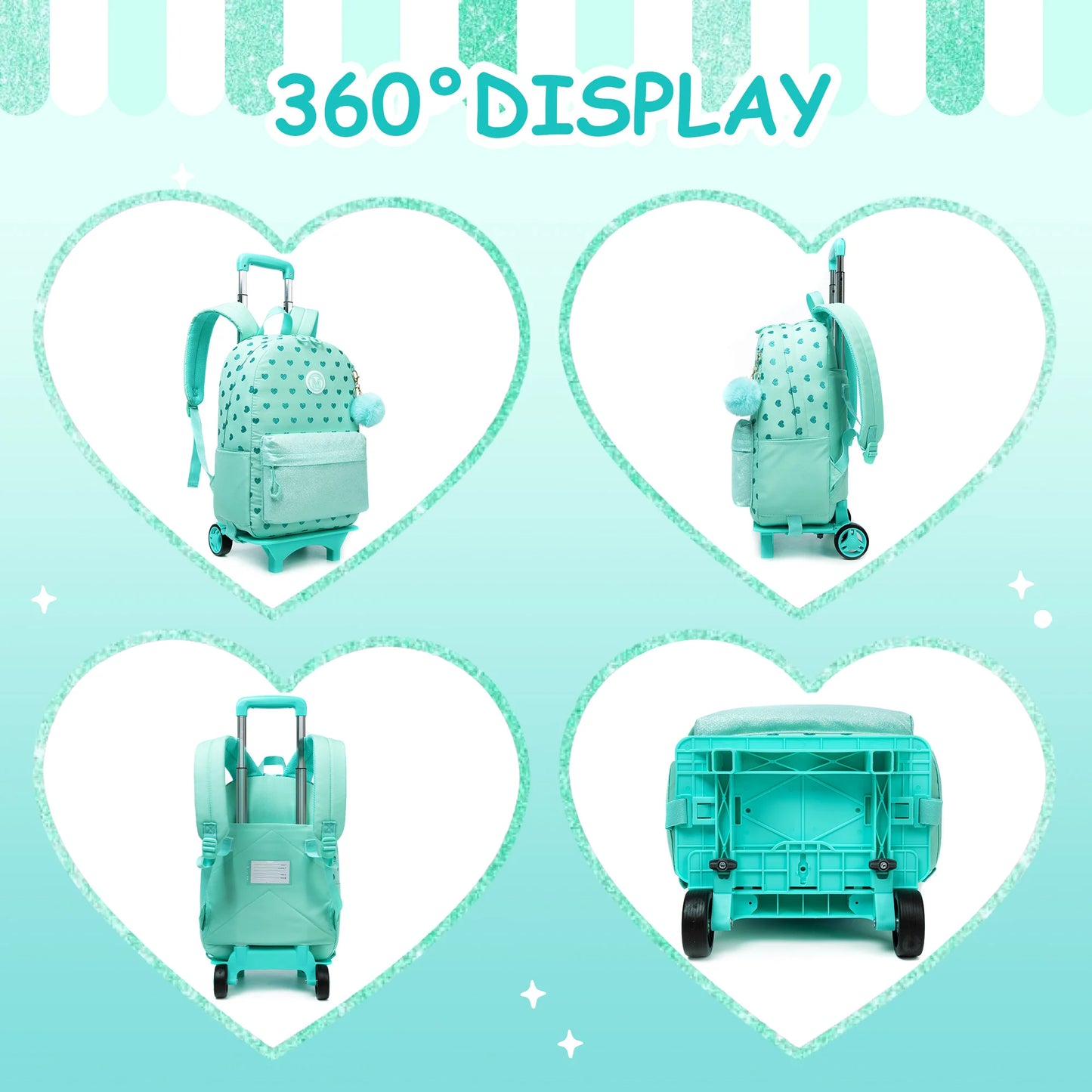 3PCS Cute Love Rolling Backpack
