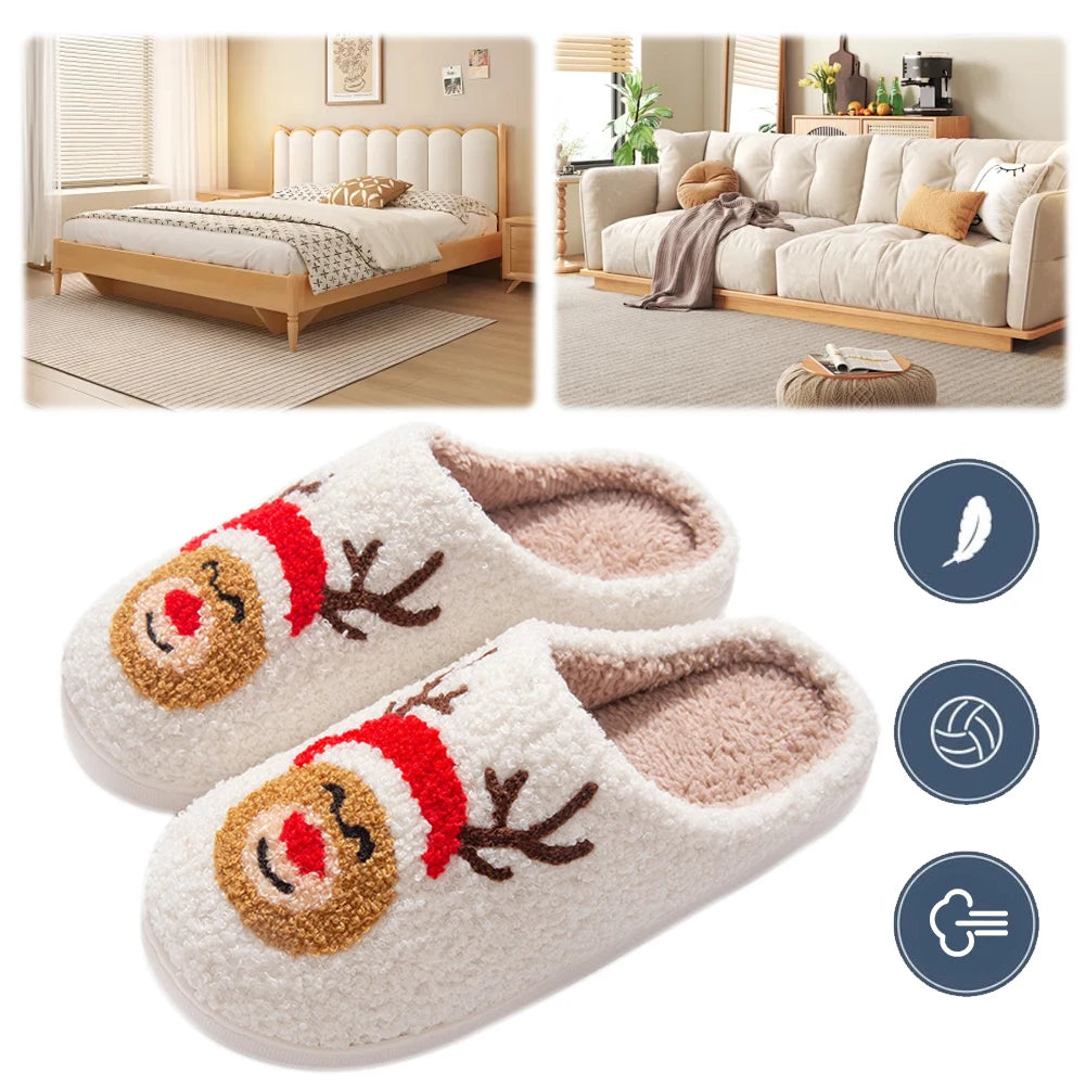Christmas Elk Plush Slippers Soft Warm Slip On House Shoes For Indoor Bedroom
