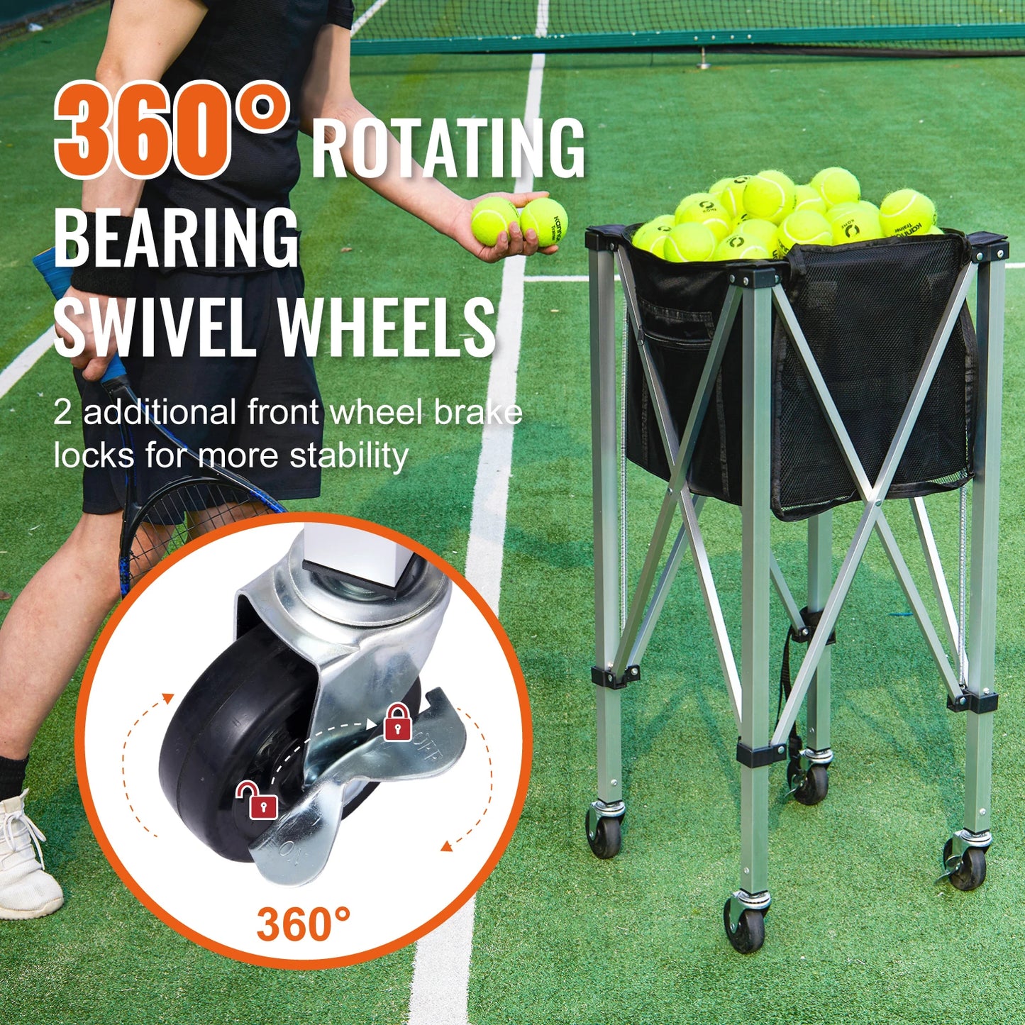 SucceBuy Foldable Tennis Ball Cart Holds 150 180 Balls Basket Hopper On Wheels